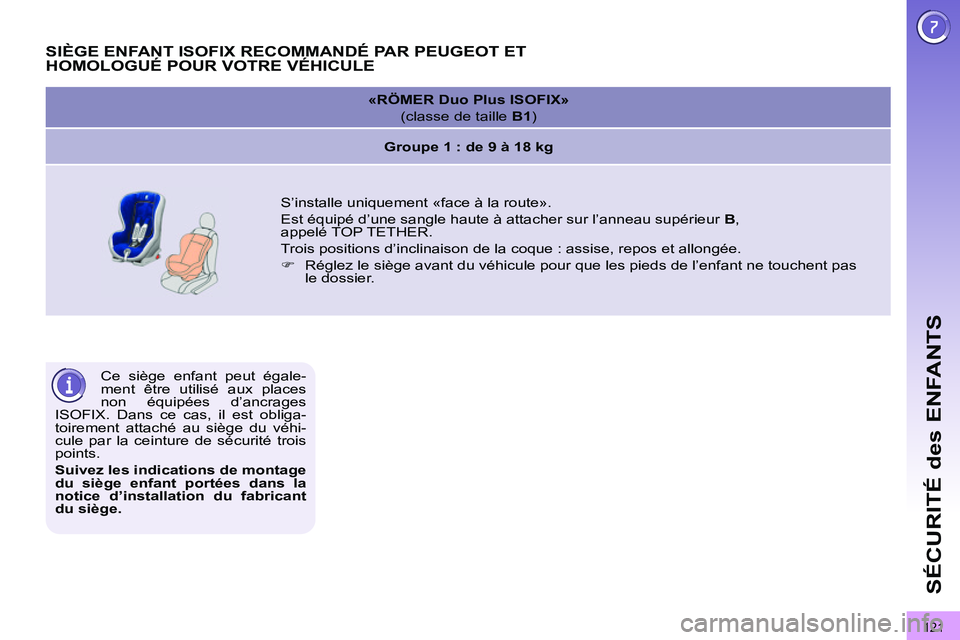 PEUGEOT 3008 2011.5  Manuel du propriétaire (in French) 121
SÉCURITÉ des ENFANTS
  Ce siège enfant peut égale-
ment être utilisé aux places 
non équipées d’ancrages 
ISOFIX. Dans ce cas, il est obliga-
toirement attaché au siège du véhi-
cule 