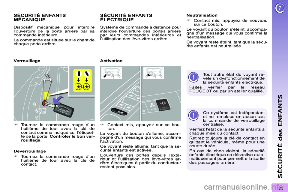 PEUGEOT 3008 2011.5  Manuel du propriétaire (in French) 123
SÉCURITÉ des ENFANTS
   
Ce système est indépendant 
et ne remplace en aucun cas 
la commande de verrouillage 
centralisé. 
  Vérifiez l’état de la sécurité enfants à 
chaque mise du c