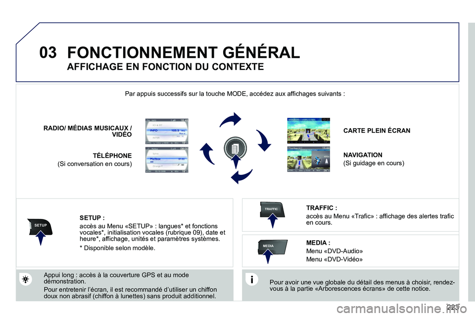 PEUGEOT 3008 2011.5  Manuel du propriétaire (in French) 223
03
SETUP
TRAFFIC
MEDIA
FONCTIONNEMENT G