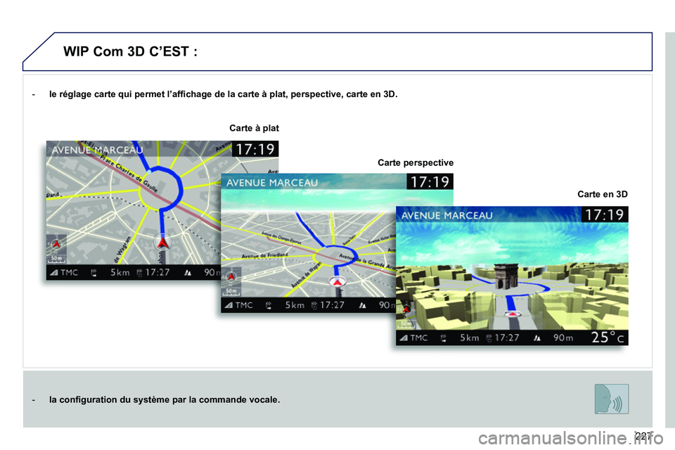 PEUGEOT 3008 2011.5  Manuel du propriétaire (in French) 227
-  le réglage carte qui permet l’affichage de la carte à plat, perspective, carte en 3D.
-  la configuration du système par la commande vocale.
Carte en 3D
Carte à plat
Carte perspective
 
 