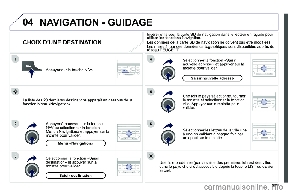 PEUGEOT 3008 2011.5  Manuel du propriétaire (in French) 267
04
1
2
3
5
6
4
  NAVIGATION - GUIDAGE 
 
 
 
 
 
 
 
 
 
 
 
 
 
 
 
 
CHOIX D’UNE DESTINATION 
 
 
Appuyer à nouveau sur la touche 
NAV ou sélectionner la fonctionMenu «Navigation» et appuy