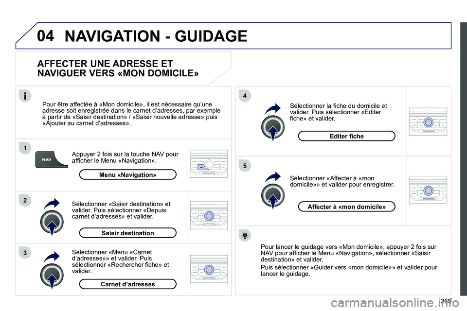 PEUGEOT 3008 2011.5  Manuel du propriétaire (in French) 269
04
1
2
3
5
4
NAVIGATION - GUIDAGE
   
AFFECTER UNE ADRESSE ET 
NAVIGUER VERS «MON DOMICILE» 
   
Appuyer 2 fois sur la touche NAV pour afficher le Menu «Navigation».     
Pour être a
ffectée