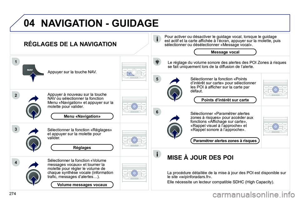 PEUGEOT 3008 2011.5 Manuel du propriétaire (in French) 274
04
5
6
3 2 1
4
RÉGLAGES DE LA NAVIGATION
Sélectionner «Paramétrer alerteszones à risques» pour accéder aux fonctions «Affichage sur carte»,
«Rappel visuel à l’approche» et
«Ra PEUGEOT 3008 2011.5 Manuel du propriétaire (in French) 274
04
5
6
3 2 1
4
RÉGLAGES DE LA NAVIGATION
Sélectionner «Paramétrer alerteszones à risques» pour accéder aux fonctions «Affichage sur carte»,
«Rappel visuel à l’approche» et
«Ra