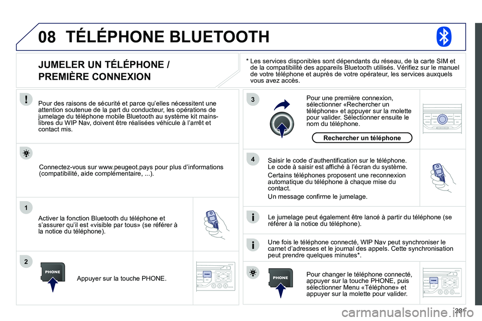 PEUGEOT 3008 2011.5 Manuel du propriétaire (in French) 281
08
1
2
3
4
TÉLÉPHONE BLUETOOTH
*
Les services disponibles sont dépendants du réseau, de la carte SIM et
de la compatibilité des appareils Bluetooth utilisés. Vérifiez sur le manuel
de PEUGEOT 3008 2011.5 Manuel du propriétaire (in French) 281
08
1
2
3
4
TÉLÉPHONE BLUETOOTH
*
Les services disponibles sont dépendants du réseau, de la carte SIM et
de la compatibilité des appareils Bluetooth utilisés. Vérifiez sur le manuel
de
