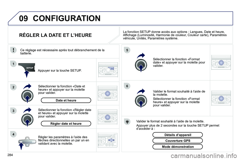 PEUGEOT 3008 2011.5 Manuel du propriétaire (in French) 284
09
4 3 2 1
65
CONFIGURATION
RÉGLER LA DATE ET L’HEURE La fonction SETUP donne accès aux options : Langues, Date et heure,
Affichage (Luminosité, Harmonie de PEUGEOT 3008 2011.5 Manuel du propriétaire (in French) 284
09
4 3 2 1
65
CONFIGURATION
RÉGLER LA DATE ET L’HEURE La fonction SETUP donne accès aux options : Langues, Date et heure,
Affichage (Luminosité, Harmonie de