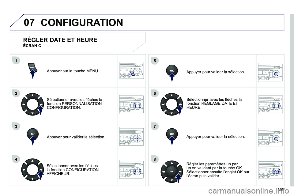 PEUGEOT 3008 2011.5  Manuel du propriétaire (in French) 307
07
1
2
3
4
5
6
7
8
MENU
OK
OK
OK
OK
CONFIGURATION
  Appuyer sur la touche MENU.
Sélectionner avec les flèches la
fonction PERSONNALISAT IONCONFIGURATION.
   
Appu
yer pour valider la sélection.