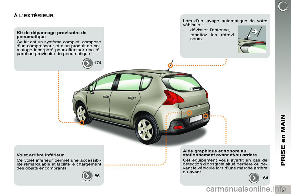 PEUGEOT 3008 2011.5  Manuel du propriétaire (in French) 5
À L’EXTÉRIEUR  
 
 
Kit de dépannage provisoire de 
pneumatique 
  Ce kit est un système complet, composé 
d’un compresseur et d’un produit de col-
matage incorporé pour effectuer une r