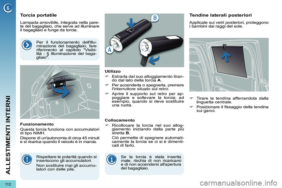 PEUGEOT 3008 2011.5  Manuale duso (in Italian) 11 2
ALLESTIMENTI INTERNI
   
 
 
 
 
 
 
 
 
Torcia portatile 
 
Lampada amovibile, integrata nella pare-
te del bagagliaio, che serve ad illuminare 
il bagagliaio e funge da torcia. 
   
Funzionamen