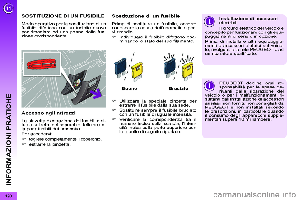 PEUGEOT 3008 2011.5  Manuale duso (in Italian) 190
INFORMAZIONI PRATICHE
   
 
 
 
 
 
 
 
 
 
 
 
 
 
 
 
 
 
 
 
SOSTITUZIONE DI UN FUSIBILE 
 
Modo operativo per la sostituzione di un 
fusibile difettoso con un fusibile nuovo 
per rimediare ad 