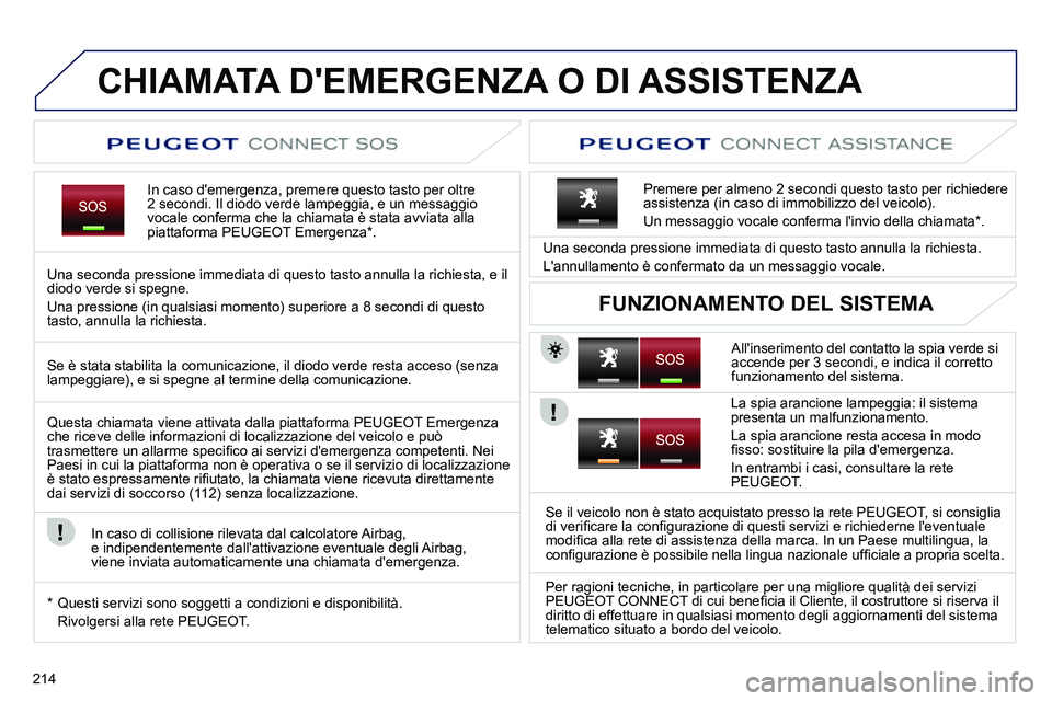 PEUGEOT 3008 2011.5  Manuale duso (in Italian) 214
   
 
 
 
 
 
 
 
 
 
 
 
 
 
CHIAMATA DEMERGENZA O DI ASSISTENZA  
 
 
In caso demergenza, premere questo tasto per oltre 
2 secondi. Il diodo verde lampeggia, e un messaggio 
vocale conferma c