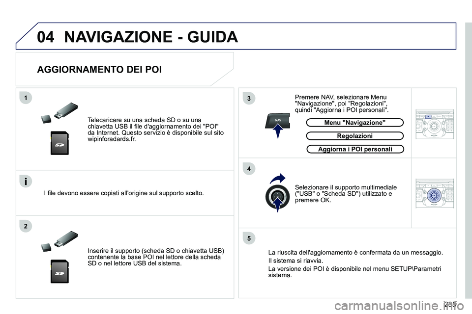 PEUGEOT 3008 2011.5  Manuale duso (in Italian) 235
04
13
4
2
5
NAV2ABC3DEF5JKL4GHI6MNO8TUV7PQRS9WXYZ0*#
1RADIO MEDIANAV ESC TRAFFIC
SETUPADDR
BOOK
2ABC3DEF5JKL4GHI6MNO8TUV7PQRS9WXYZ0*#
1RADIO MEDIANAV ESC TRAFFIC
SETUPADDR
BOOK
  NAVIGAZIONE - GUI