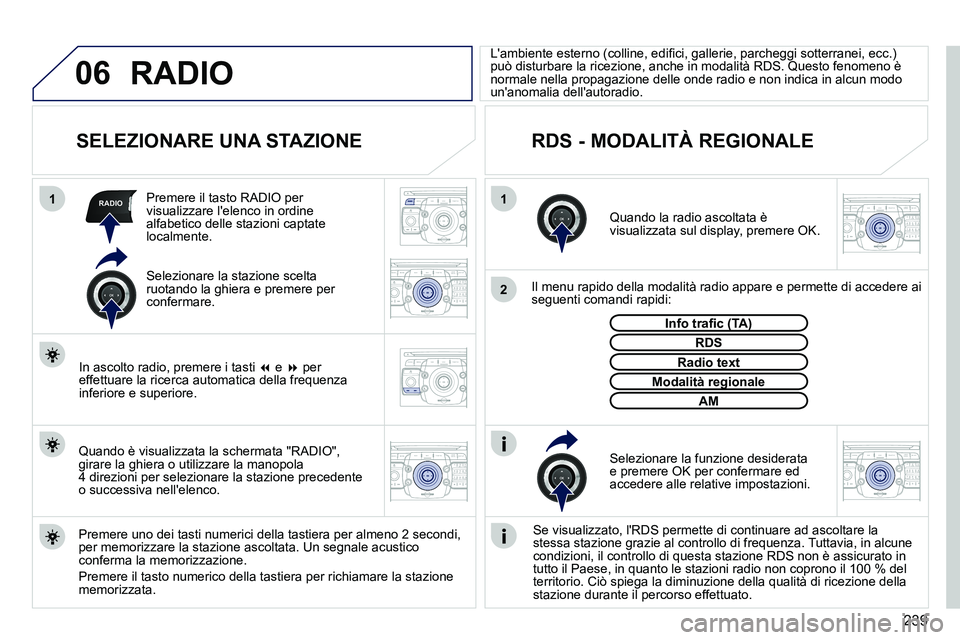 PEUGEOT 3008 2011.5  Manuale duso (in Italian) 239
06
11
2
RADIO
2ABC3DEF5JKL4GHI6MNO8TUV7PQRS9WXYZ0*#
1RADIO MEDIANAV ESC TRAFFIC
SETUPADDR
BOOK
2ABC3DEF5JKL4GHI6MNO8TUV7PQRS9WXYZ0*#
1RADIO MEDIANAV ESC TRAFFIC
SETUPADDR
BOOK
2ABC3DEF5JKL4GHI6MNO
