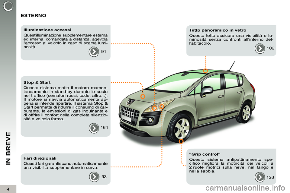 PEUGEOT 3008 2011.5  Manuale duso (in Italian) 4
IN BREVE
  ESTERNO  
 
 
"Grip control" 
  Questo sistema antipattinamento spe-
ciﬁ co migliora la motricità dei veicoli a 
2 ruote motrici sulla neve, nel fango e 
nella sabbia.     
Illuminazio