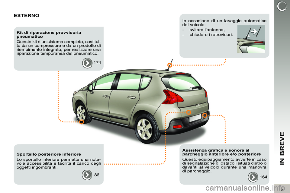 PEUGEOT 3008 2011.5  Manuale duso (in Italian) 5
IN BREVE
  ESTERNO  
 
 
Kit di riparazione provvisoria 
pneumatico 
  Questo kit è un sistema completo, costitui-
to da un compressore e da un prodotto di 
riempimento integrato, per realizzare un