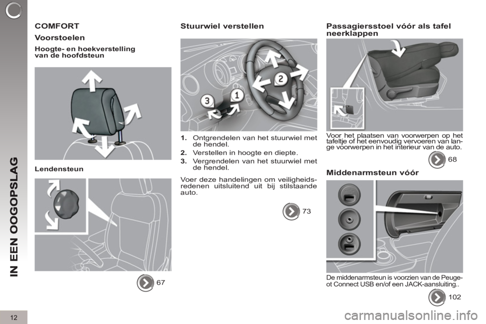 PEUGEOT 3008 2011.5  Instructieboekje (in Dutch) 12
  COMFORT
   
Voorstoelen 
 
 
Hoogte- en hoekverstelling 
van de hoofdsteun  
   
Lendensteun 
  67  
 
Stuurwiel verstellen 
 
 
 
1. 
  Ontgrendelen van het stuurwiel met 
de hendel. 
   
2. 
  