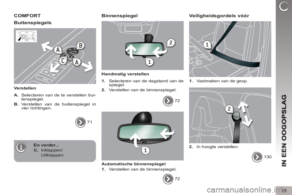 PEUGEOT 3008 2011.5  Instructieboekje (in Dutch) COMFORT
Buitenspie
gels 
   
Verstellen 
   
A. 
  Selecteren van de te verstellen bui-
tenspiegel. 
   
B. 
 Verstellen van de buitenspiegel in 
vier richtingen. 
  71  
 
 
 Binnenspiegel
 
 
Handma