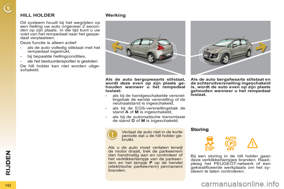 PEUGEOT 3008 2011.5  Instructieboekje (in Dutch) 142
RIJ
HILL HOLDER 
  Dit systeem houdt bij het wegrijden op 
een helling uw auto ongeveer 2 secon-
den op zijn plaats. In die tijd kunt u uw 
voet van het rempedaal naar het gaspe-
daal verplaatsen.