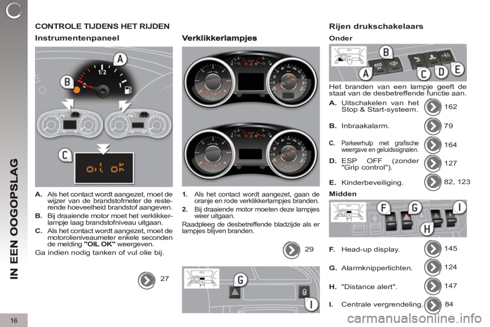 PEUGEOT 3008 2011.5  Instructieboekje (in Dutch) 16
  CONTROLE TIJDENS HET RIJDEN 
 
 
Instrumentenpaneel 
 
 
 
A. 
  Als het contact wordt aangezet, moet de 
wijzer van de brandstofmeter de reste-
rende hoeveelheid brandstof aangeven. 
   
B. 
  B