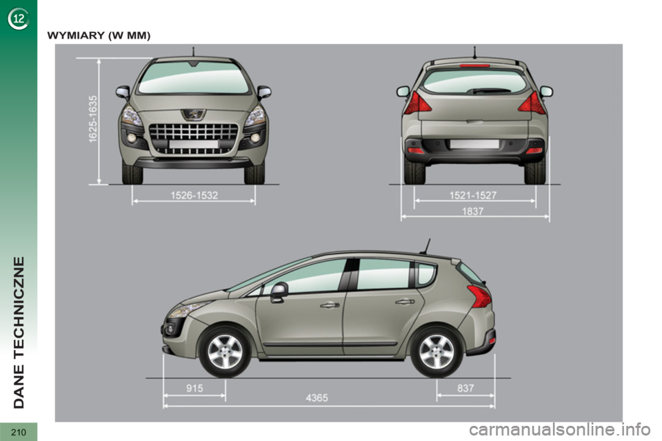 PEUGEOT 3008 2011.5  Instrukcja obsługi (in Polish) 210
DANE TECHNICZNE
WYMIARY (W MM)  