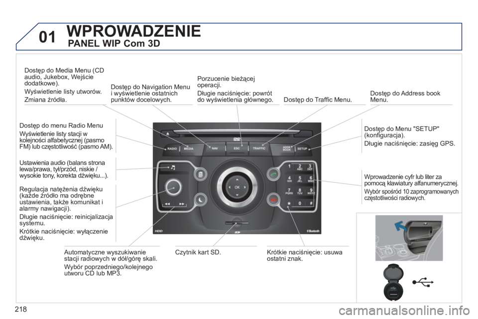 PEUGEOT 3008 2011.5  Instrukcja obsługi (in Polish) 218
01WPROWADZENIE
   
PANEL WIP Com 3D 
 
 Dostęp do menu Radio Menu 
  W
yświetlenie listy stacji w 
kolejności alfabetycznej (pasmo 
FM) lub częstotliwość (pasmo AM).  
  Dostęp do Media Men