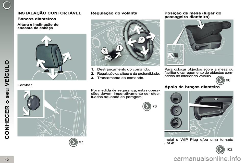 PEUGEOT 3008 2011.5  Manual de utilização (in Portuguese) 12
CONHECER o seu VEÍCULO
  INSTALAÇÃO CONFORTÁVEL 
   
Bancos dianteiros 
 
 
Altura e inclinação do 
encosto de cabeça  
   
Lombar 
  67  
 
 
 
Regulação do volante 
 
 
 
1. 
  Destranca