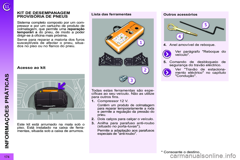 PEUGEOT 3008 2011.5  Manual de utilização (in Portuguese) 174
INFORMAÇÕES PRÁTICAS
   
 
 
 
 
 
 
 
 
 
 
 
 
 
 
 
 
KIT DE DESEMPANAGEM 
PROVISÓRIA DE PNEUS 
  Este kit está arrumado na mala sob o 
piso. Está instalado na caixa de ferra-
mentas, sit