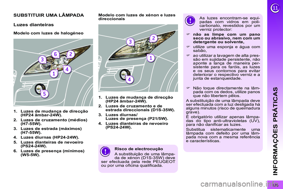 PEUGEOT 3008 2011.5 Manual de utilização (in Portuguese) 185
INFORMAÇÕES PRÁTICAS
Risco de electrocução
A substituição de uma lâmpa-
da de xénon (D1S-35W) deve
ser efectuada pela rede PEUGEOT
ou por uma ofi cina qualifi cada.
PEUGEOT 3008 2011.5 Manual de utilização (in Portuguese) 185
INFORMAÇÕES PRÁTICAS
Risco de electrocução
A substituição de uma lâmpa-
da de xénon (D1S-35W) deve
ser efectuada pela rede PEUGEOT
ou por uma ofi cina qualifi cada.