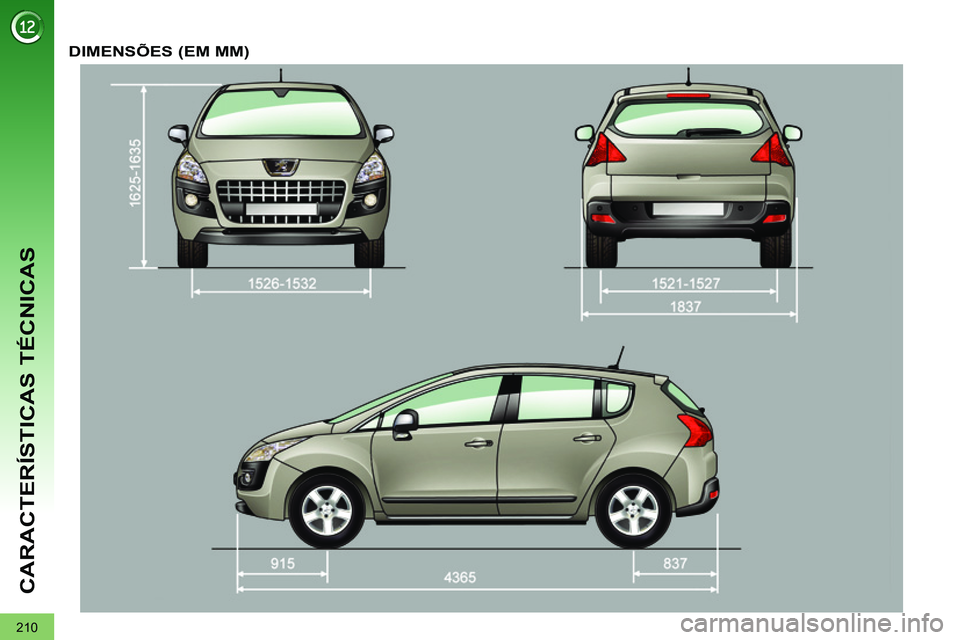 PEUGEOT 3008 2011.5  Manual de utilização (in Portuguese) 210
CARACTERÍSTICAS TÉCNICAS
   
 
 
 
 
DIMENSÕES (EM MM)  