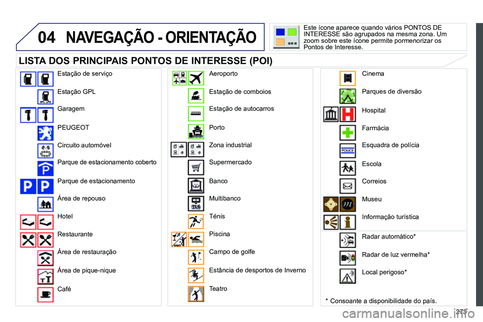 PEUGEOT 3008 2011.5  Manual de utilização (in Portuguese) 273
04 NAVEGAÇÃO - ORIENTAÇÃO 
   
LISTA DOS PRINCIPAIS PONTOS DE INTERESSE (POI) 
 
 
*  
  Consoante a disponibilidade do país.     Este ícone aparece quando vários PONTOS DE 
INTERESSE são 