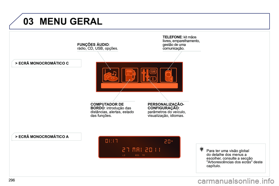PEUGEOT 3008 2011.5  Manual de utilização (in Portuguese) 296
03  MENU GERAL 
 
 
 
FUNÇÕES ÁUDIO 
: 
rádio, CD, USB, opções.  
   
 
 
 
 
 
 
 
> ECRÃ MONOCROMÁTICO C  
   
Para ter uma visão global 
do detalhe dos menus a 
escolher, consulte a se