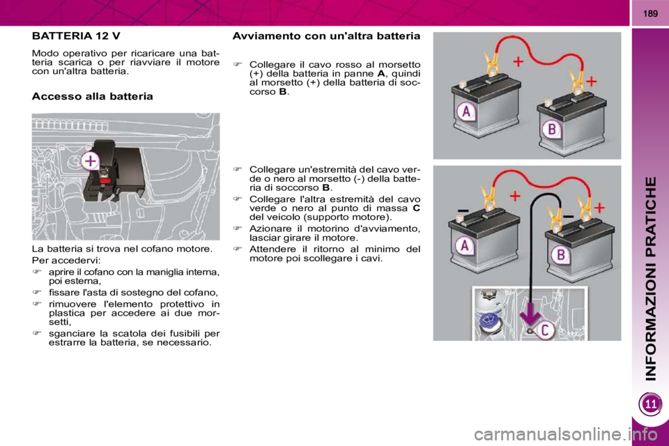 PEUGEOT 3008 2010.5  Manuale duso (in Italian) INFORMAZIONI PRATICHE
         BATTERIA 12 V 
 Modo  operativo  per  ricaricare  una  bat- 
teria  scarica  o  per  riavviare  il  motore 
con unaltra batteria.  
  Accesso alla batteria   Avviamento