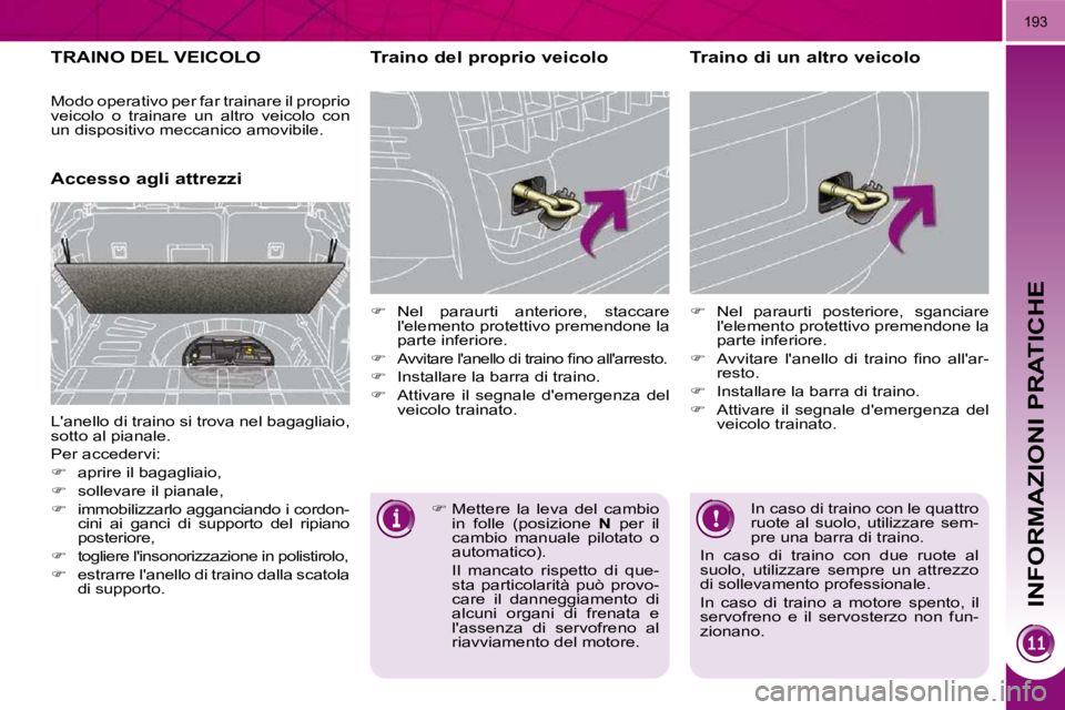 PEUGEOT 3008 2010.5  Manuale duso (in Italian) INFORMAZIONI PRATICHE
193
     TRAINO DEL VEICOLO 
      Accesso agli attrezzi   Traino del proprio veicolo  
   
�    Nel  paraurti  anteriore,  staccare 
lelemento protettivo premendone la  
par