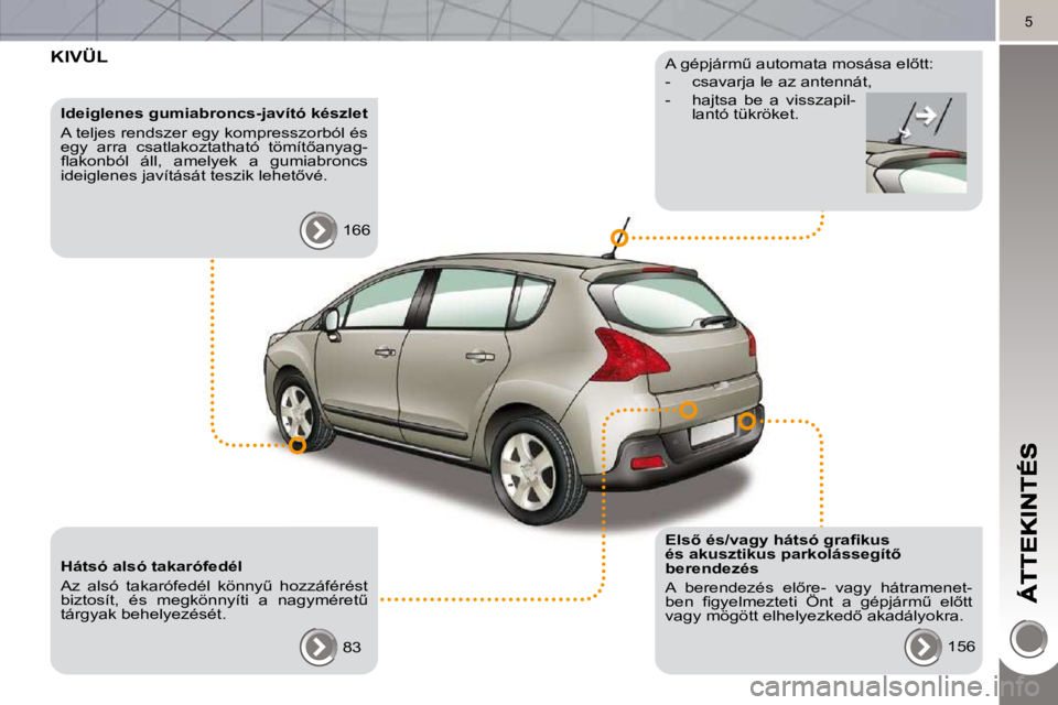 PEUGEOT 3008 2010.5  Kezelési útmutató (in Hungarian) 5
 KIVÜL  
  Ideiglenes gumiabroncs-javító készlet  
� �A� �t�e�l�j�e�s� �r�e�n�d�s�z�e�r� �e�g�y� �k�o�m�p�r�e�s�s�z�o�r�b�ó�l� �é�s�  
�e�g�y�  �a�r�r�a�  �c�s�a�t�l�a�k�o�z�t�a�t�h�a�t�ó�  �