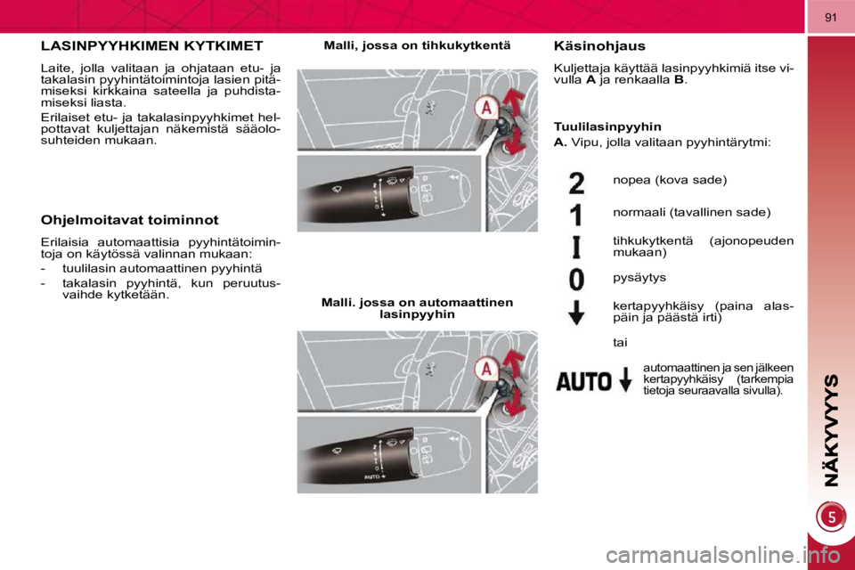 PEUGEOT 3008 2010.5  Omistajan Käsikirja (in Finnish) 91
LASINPYYHKIMEN KYTKIMET 
 Laite,  jolla  valitaan  ja  ohjataan  etu-  ja  
takalasin pyyhintätoimintoja lasien pitä-
miseksi  kirkkaina  sateella  ja  puhdista-
miseksi liasta.  
 Erilaiset etu-