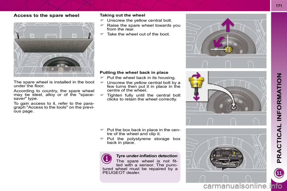 PEUGEOT 3008 2010  Owners Manual PRACTICAL INFORMATION
                Access to the spare wheel  
 The spare wheel is installed in the boot  
�u�n�d�e�r� �t�h�e� �ﬂ� �o�o�r�.�  
� �A�c�c�o�r�d�i�n�g�  �t�o�  �c�o�u�n�t�r�y�,�  �t�