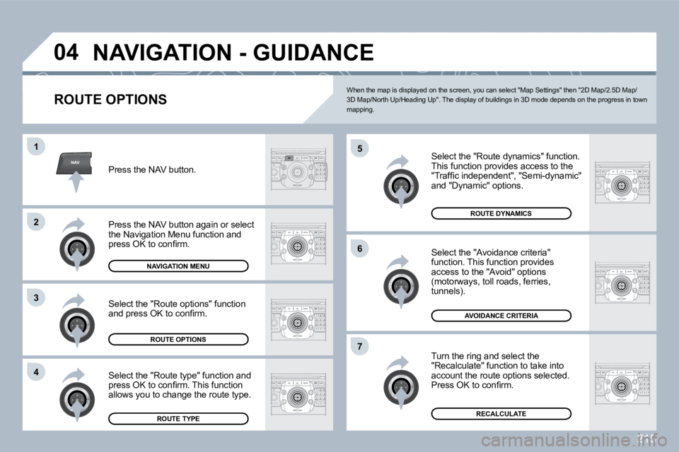 PEUGEOT 3008 2010  Owners Manual 215
NAV
�0�4
�5
�6
�7
�1
�2
�3
�4
� �N�A�V�I�G�A�T�I�O�N� �-� �G�U�I�D�A�N�C�E� 
  ROUTE OPTIONS 
  Select the "Route dynamics" function.  This function provides access to the �"�T�r�a�f�ﬁ� �c� 