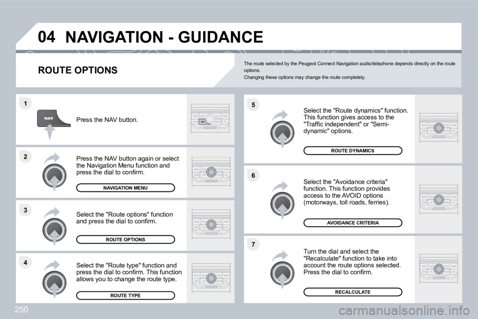 PEUGEOT 3008 2010  Owners Manual 250
�4
�3
�2
�1
�7
�6
�5
�0�4� �N�A�V�I�G�A�T�I�O�N� �-� �G�U�I�D�A�N�C�E� 
� � �R�O�U�T�E� �O�P�T�I�O�N�S� 
� � �S�e�l�e�c�t� �t�h�e� �"�R�o�u�t�e� �d�y�n�a�m�i�c�s�"� �f�u�n�c�t�i�o�n�.�  Th