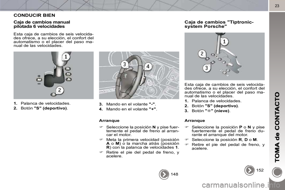 PEUGEOT 3008 2010 Manual del propietario (in Spanish) 23
148
CONDUCIR BIEN
Caja de cambios manual pilotada 6 velocidades
Esta caja de cambios de seis velocida-
des ofrece, a su elección, el confort del
automatismo o el placer del paso PEUGEOT 3008 2010 Manual del propietario (in Spanish) 23
148
CONDUCIR BIEN
Caja de cambios manual pilotada 6 velocidades
Esta caja de cambios de seis velocida-
des ofrece, a su elección, el confort del
automatismo o el placer del paso