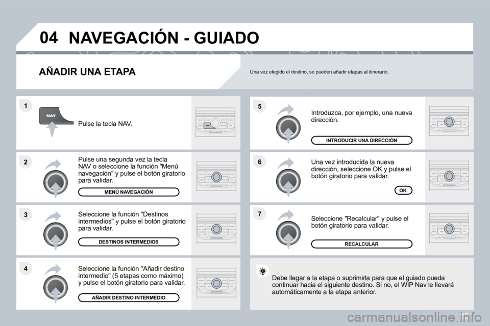 PEUGEOT 3008 2010  Manual del propietario (in Spanish) 251
�7
�6
�5
�4
�3
�2
�1
�0�4
� � �A�Ñ�A�D�I�R� �U�N�A� �E�T�A�P�A� 
 Introduzca, por ejemplo, una nueva dirección. 
 Una vez introducida la nueva dirección, seleccione OK y pulse el botón girator