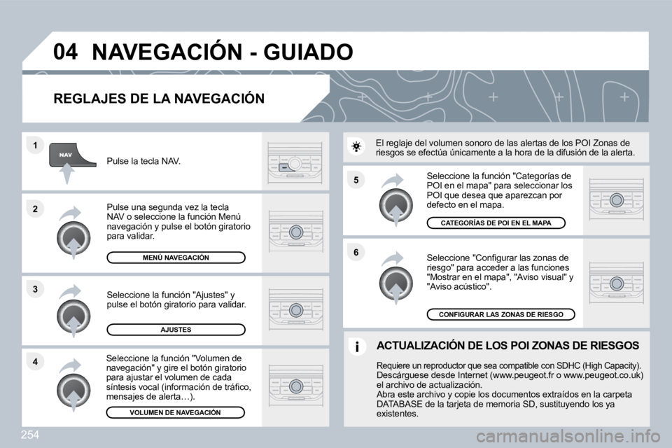 PEUGEOT 3008 2010  Manual del propietario (in Spanish) 254
�5 
�6
�3
�2
�1
�4
�0�4
� � �R�E�G�L�A�J�E�S� �D�E� �L�A� �N�A�V�E�G�A�C�I�Ó�N� 
� � �S�e�l�e�c�c�i�o�n�e� �"�C�o�n�ﬁ� �g�u�r�a�r� �l�a�s� �z�o�n�a�s� �d�e� riesgo" para acceder a las funci