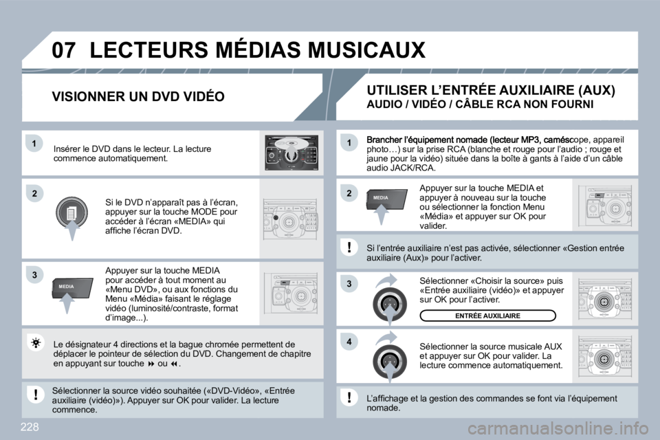 PEUGEOT 3008 2010  Manuel du propriétaire (in French) 228
�1
3
�4
�2�2
3
MEDIA
�1
MEDIA
�0�7
2
ABC 3
DEF
5
JKL
4
GHI 6
MNO
8
TUV
7
PQRS 9
WXYZ
0
* #
1
RADIO MEDIA
NAV ESC TRAFFIC
SETUP
ADDRBOOKéscope, appareil photo…) sur la prise RCA (blanche et roug