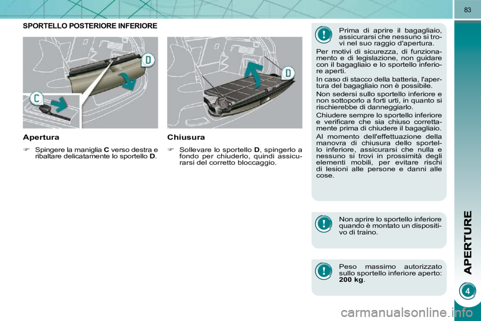 PEUGEOT 3008 2010  Manuale duso (in Italian) 83
SPORTELLO POSTERIORE INFERIORE 
  Apertura 
   
�    Spingere la maniglia   C  verso destra e 
ribaltare delicatamente lo sportello   D .   
  Chiusura 
   
�    Sollevare lo sportello   D , 