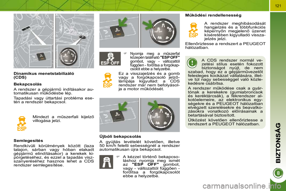 PEUGEOT 3008 2010  Kezelési útmutató (in Hungarian) �1�2�1
� � � � � � � � � � � � � � � � � �D�i�n�a�m�i�k�u�s� �m�e�n�e�t�s�t�a�b�i�l�i�z�á�l�ó�  
�(�C�D�S�)� � � �A�  �C�D�S�  �r�e�n�d�s�z�e�r�  �n�o�r�m�á�l�  �v�e�-
�z�e�t�é�s�i�  �s�t�í�l�u�s