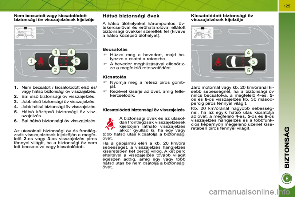 PEUGEOT 3008 2010  Kezelési útmutató (in Hungarian) �1�2�5
   
�1�. � �  �N�e�m�  �b�e�c�s�a�t�o�l�t�  �/�  �k�i�c�s�a�t�o�l�ó�d�o�t�t�  �e�l�s5�  �é�s�/
�v�a�g�y� �h�á�t�s�ó� �b�i�z�t�o�n�s�á�g�i� �ö�v� �v�i�s�s�z�a�j�e�l�z�é�s�.� 
  
�2�. � �