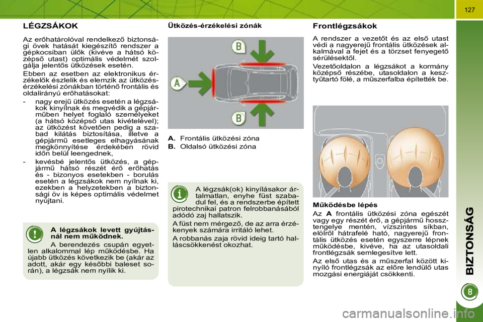 PEUGEOT 3008 2010  Kezelési útmutató (in Hungarian) �1�2�7
� �L�É�G�Z�S�Á�K�O�K� 
� �A�  �l�é�g�z�s�á�k�(�o�k�)�  �k�i�n�y�í�l�á�s�a�k�o�r�  �á�r�- 
�t�a�l�m�a�t�l�a�n�,�  �e�n�y�h�e�  �f�ü�s�t�  �s�z�a�b�a�-
�d�u�l� �f�e�l�,� �é�s� �a� �r�e�n
