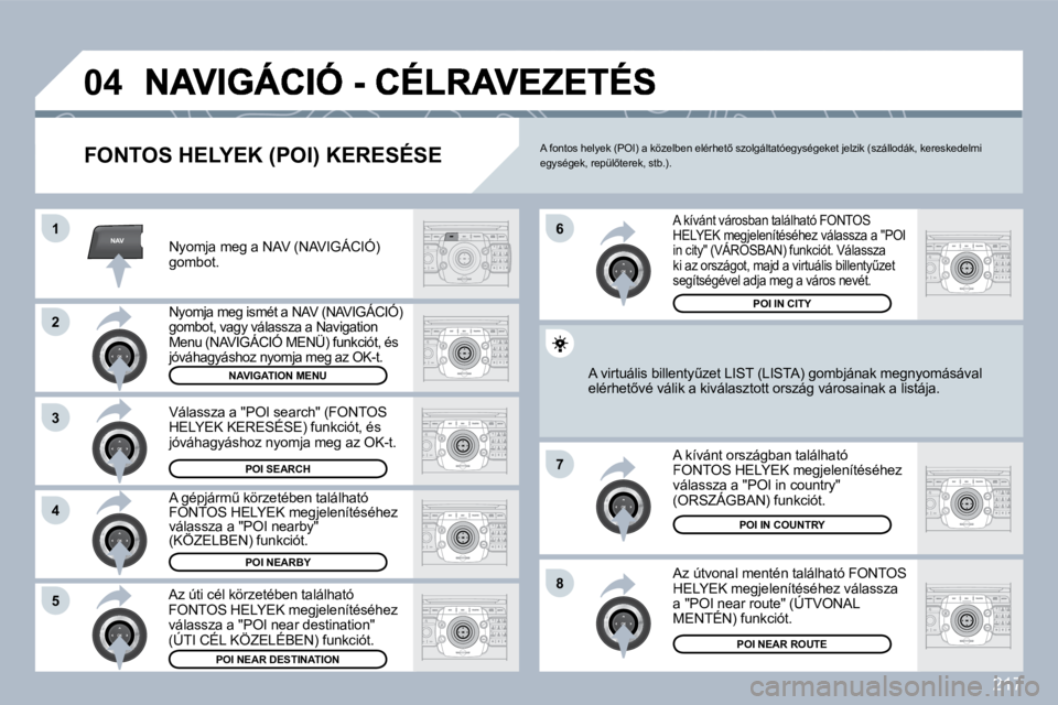 PEUGEOT 3008 2010  Kezelési útmutató (in Hungarian) 217
NAV
�0�4
�1
�2
�3
�4
�7
�8�5
�6
� � �F�O�N�T�O�S� �H�E�L�Y�E�K� �(�P�O�I�)� �K�E�R�E�S�É�S�E� 
� � �N�y�o�m�j�a� �m�e�g� �a� �N�A�V� �(�N�A�V�I�G�Á�C�I�Ó�)� �g�o�m�b�o�t�.� � 
� � �N�y�o�m�j�a�