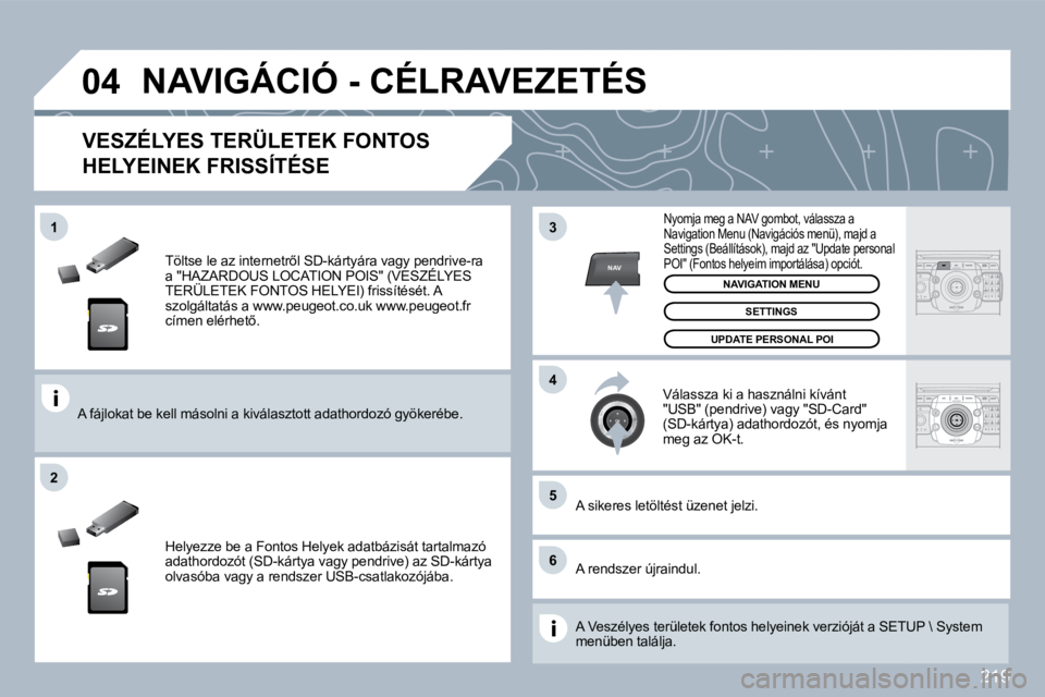 PEUGEOT 3008 2010  Kezelési útmutató (in Hungarian) 219
�0�4
�5
�6
�3
�4
�2
NAV
�1
� � �T�ö�l�t�s�e� �l�e� �a�z� �i�n�t�e�r�n�e�t�r5�l� �S�D�-�k�á�r�t�y�á�r�a� �v�a�g�y� �p�e�n�d�r�i�v�e�-�r�a� �a� �"�H�A�Z�A�R�D�O�U�S� �L�O�C�A�T�I�O�N� �P�O�I
