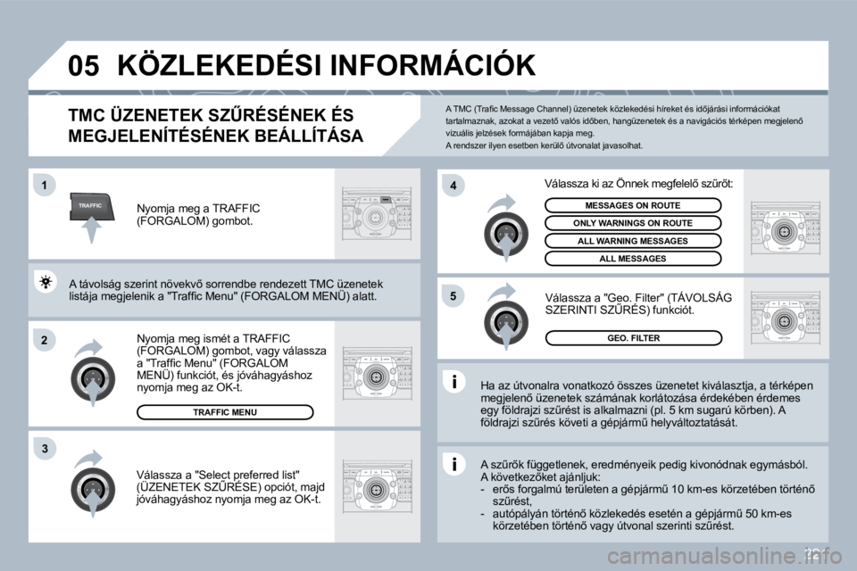PEUGEOT 3008 2010  Kezelési útmutató (in Hungarian) 221
TRAFFIC
�0�5
�1
�2
�4
�5
�3
� �K�Ö�Z�L�E�K�E�D�É�S�I� �I�N�F�O�R�M�Á�C�I�Ó�K� 
�T�M�C� �Ü�Z�E�N�E�T�E�K� �S�ZB�R�É�S�É�N�E�K� �É�S� 
�M�E�G�J�E�L�E�N�Í�T�É�S�É�N�E�K� �B�E�Á�L�L�Í�T�