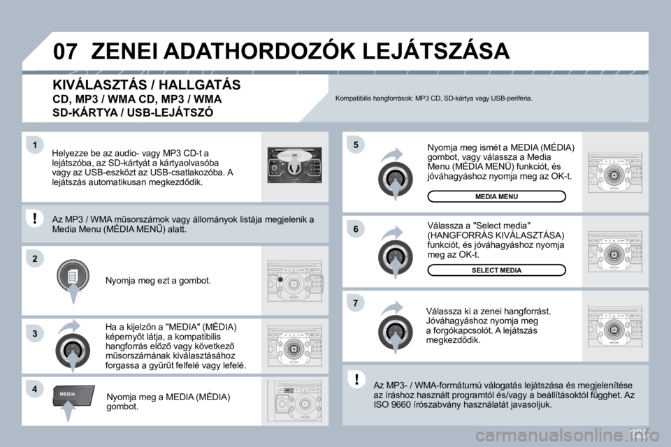 PEUGEOT 3008 2010  Kezelési útmutató (in Hungarian) 225
�4
�5
�6
�2
�7
�3
�1
MEDIA
�0�7
2
ABC 3
DEF
5
JKL
4
GHI 6
MNO
8
TUV
7
PQRS 9
WXYZ
0
* #
1
RADIO MEDIA
NAV ESC TRAFFIC
SETUP
ADDRBOOK
� � �K�I�V�Á�L�A�S�Z�T�Á�S� �/� �H�A�L�L�G�A�T�Á�S� � 
�C�D�