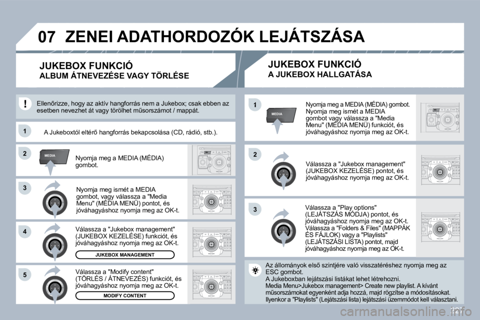PEUGEOT 3008 2010  Kezelési útmutató (in Hungarian) 227
�3�3
�2�2MEDIA
�3�3
�4�4
�5�5
�2�2
MEDIA�1
�1�1
�0�7
� � �N�y�o�m�j�a� �m�e�g� �a� �M�E�D�I�A� �(�M�É�D�I�A�)� �g�o�m�b�o�t�.� � �N�y�o�m�j�a� �m�e�g� �i�s�m�é�t� �a� �M�E�D�I�A� �g�o�m�b�o�t� �